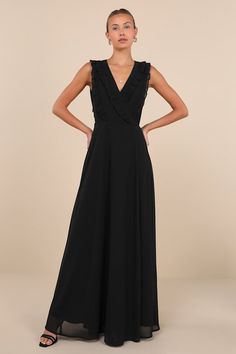 Arrive on the scene knowing all eyes will be on you when you step out in the Lulus Major Elegance Black Sleeveless Ruffled Wrap Maxi Dress! Airy woven chiffon shapes this gorgeous gown that features a surplice neckline and a sleeveless bodice adorned with chic ruffle trim. A slender tie threads the waist and secures at the side to create an adjustable fit, atop a flowy, A-line skirt with an overlapping design and a sweeping maxi hem. Fit: This garment fits true to size. Length: Floor length. Siz Overlapping Design, Ruffle Gown, Wrap Maxi Dress, Bridal Party Dresses, Surplice Neckline, All Eyes, Gorgeous Gowns, Maxi Wrap Dress, Black Sleeveless