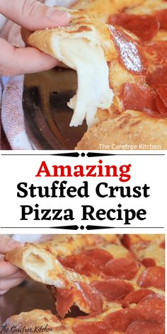 the cover of an amazing stuffed crust pizza recipe with pepperoni and cheese on it