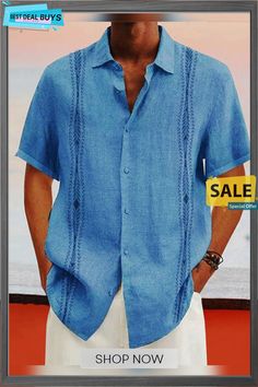 Men's Linen Shirt Summer Shirt Beach Shirt Turndown Summer Short Sleeve White Pink Blue Graphic Prints Casual Daily Clothing Apparel Print Light Blue Casual Collar Shirt For Beach, Blue Casual Collar Top For Beach, Light Blue Casual Collar Top For Vacation, Light Blue Casual Collar Top For Summer, Blue Casual Collar Tops For Vacation, Blue Vacation Tops With Casual Collar, Blue Tops With Casual Collar For Vacation, Light Blue Collared Shirt For Vacation, Light Blue Shirt With Pockets For Summer