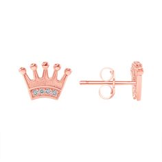 Every princess deserves a diamond crown no matter how small. Get this beautiful crown earring and watch your prince charming chase you. Product Information Metal Type: 14k Metal Weight: 14k- 1.0 g Size: 7mm x 6mm Stone Information Stone: Diamond Quantity: 8 Size: 1mm TCW- 0.04 CTS SKU:TKM1171 Rose Gold Crown Design Jewelry Gift, Rose Gold Diamond Jewelry With Crown Design, Elegant Rose Gold Jewelry With Crown Design, Elegant Rose Gold Crown Design Jewelry, Formal Rose Gold Jewelry With Crown Design, Crown Shaped Jewelry With Prong Setting As Gift, Elegant Crown Design Jewelry For Birthday, Elegant Crown Design Jewelry For Birthdays, Rose Gold Crown Design Jewelry For Anniversary