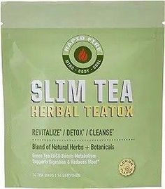 the front of a bag of slim tea with herbs and detoxse on it