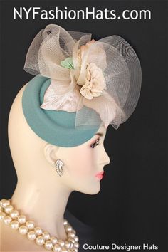 Women's Jade Green And Beige Fashion Designer Haute Couture Fascinator Winter Autumn Spring Hat Headpiece. This Luxury Wedding Headpiece Is Made On A Shaped Jade Green Felt Polyester Hat Base.  This Dressy Statement Church Hat Is Embellished With A Large Beige Crinoline Horse Hair Bow Adorned With Handmade Silk Vintage Large Flower Leaves. Placed Within The Bowing Are Soft Jade Green Flowers Accented With Pearls And Rhinestone. Beautiful Beige Flower Petals Are Also Placed Within The Bowing. Thi Couture Fascinators, Fascinator Hats Outfit, Race Day Fashion, Custom Made Hats, Kentucky Derby Fascinator, Hat Wedding, Spring Hats, Fascinator Hairstyles, Church Dress