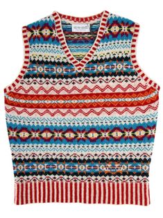 "This sleeveless sweater vest is made of soft Shetland wool, woven in a Fairisle pattern that gives it a classic 40s look. Hand-produced in Scotland using quality, natural yarns spun that keep you truly warm, by ERIBÉ, an established knitwear design house and manufacturer that has been in operation for 33 years. The Firecracker red tank top features rows of Fairisle patterning and stripes across the V-shaped neck, as well as on the bottom hem. This colourway is a mix of cream, blue, orange and red shades. A truly stand-out addition to a vintage enthusiast's wardrobe, these knits keep you warm and add a dash of colour to any retro outfit. 100% soft-feel Shetland wool, made using knowledge handed down from one generation to the next to create a sustainable product which looks and feels great Stranded Knitted Vest, Punto Fair Isle, Sweater Vest Mens, Sleeveless Sweater Vest, Vintage Tank Top, Shetland Wool, Fair Isle Pattern, Red Tank Tops, Wool Vest