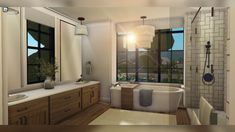 a bathroom with two sinks, a tub and large windows