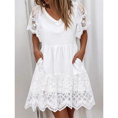 Season:Summer; Fabric:Lace; Sleeve Length:Short Sleeve; Look After Me:Machine wash; Gender:Women's; Style:Maxi,A Line; Elasticity:Micro-elastic; Occasion:Date,Street,Holiday; Fit Type:Regular Fit; Dresses Type:White Dress,Plain Dress,Lace Dress,Summer Dress,Casual Dress,A Line Dress; Design:Lace,Patchwork,Pocket; Neckline:V Neck; Listing Date:02/23/2024; Bust:; Length:; Fit US Size:; Fit UK Size:; Fit EU Size:; Dress Length Type:Mini Dress; Print Type:non-printing Non-stretch Summer Dress With Lace Trim, Summer Dresses With Lace Trim, Summer Lace Trim Dress, Summer Lace Patchwork Dress, Short Sleeve Lace Patchwork Beach Dress, Cow Clothes, Plain Dresses, Cow Outfits, Mini Dress Lace