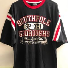 This Is A South Pole Man Pullover Shirt/Top. The Top On The Front Says Sp-Xxi 5 Borough New York City. The Color Is Navy Blue. The Wording Is Silver And Outlined In Red. Short Sleeves With Red And White Stripe 100% Cotton Chest - 48" (Armpit To Armpit) Pole Vault Shirts Design, South Pole Shirt, South Pole Jeans, Red Hip Hop T-shirt With Screen Print, Cheap Streetwear T-shirt With Contrast Stripes, South Pole, Pullover Shirt, Red And White Stripes, Pullover Men