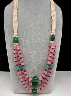 Green Beaded Bridal Necklace With Round Beads, Traditional Pink Gemstone Beads Necklaces, Traditional Pink Necklaces With Gemstone Beads, Traditional Pink Gemstone Bead Necklace, Traditional Pink Gemstone Beads Necklace, Traditional Pink Necklace With Gemstone Beads, Bridal Necklace With Colorful Round Beads, Festive Beaded Necklace With Oval Beads, Multicolor Beaded Pearl Necklace For Festive Occasions