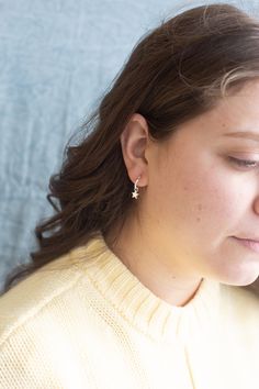 "Super dainty huggie hoop earrings perfect for everyday wear. These sterling silver hoops are a small .5 inches and have a snap in place lever for secure closure. These hoops \"hug\" the ear lobe on most women. These are lightweight and very comfortable. Your new earrings will arrive in a gift box. To see other earrings for women, please visit my home page at http://www.austindowntoearth.etsy.com" Cute Sterling Silver Hoop Earrings, Nickel-free Dainty Huggie Earrings, Star-shaped Earrings With Ear Wire For Everyday, Everyday Hypoallergenic Star-shaped Jewelry, Everyday Hypoallergenic Star Jewelry, Everyday Drop Earrings With Star Charm, Cute Hypoallergenic Huggie Hoop Earrings, Dainty Sterling Silver Earrings With Star Charm, Dainty Nickel-free Drop Huggie Earrings