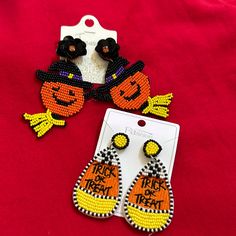 Trick Or Treat Candy Corn Witch Pumpkin Riding On A Broom Price Includes Both Pair Of Earrings Fun Orange Halloween Earrings, Fun Orange Earrings For Halloween, Black Beaded Dangle Earrings For Halloween, Black Dangle Beaded Earrings For Halloween, Seed Bead Halloween, Halloween Seed Bead, Candy Corn Witch, Trick Or Treat Candy, Witch Pumpkin