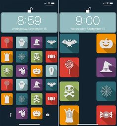 two phones with different icons on them, one is showing the time and the other has been