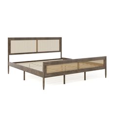 the bed frame is made with wood and rattan