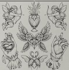 an old school tattoo design with hearts, wings and heart shaped tattoos on white paper