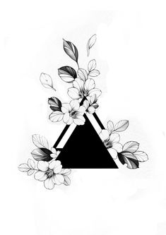 a black and white drawing of flowers on a triangle with leaves coming out of it