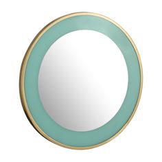 a round mirror with a gold rim and green trim around the edges, on a white background