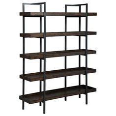 an industrial shelving unit with four shelves and metal bars on the bottom, one shelf is