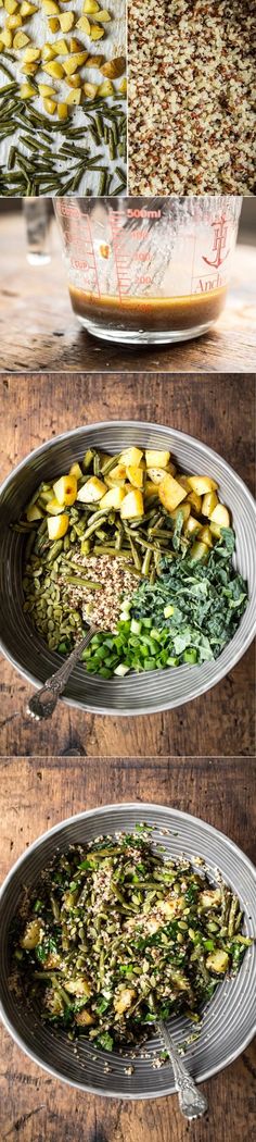 three pictures showing different stages of food being cooked in pans and then placed on top of each other