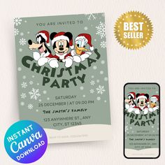 mickey mouse christmas party card and ticket