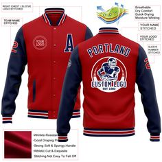 Custom Red Navy-White Bomber Full-Snap Varsity Letterman Two Tone Jacket Collegiate Red Outerwear With Letter Print, Red Baseball Collar Outerwear For Sports Events, Red Varsity Jacket With Baseball Collar For Sports Events, Red Collegiate Outerwear With Letter Print, Red Sports Event Outerwear With Baseball Collar, Red Varsity Jacket For Sports Events, Red Varsity Jacket With Baseball Collar For Game Day, Red Collegiate Varsity Jacket For College, Red Long Sleeve Varsity Jacket For Game Day