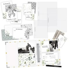 an assortment of wedding stationery items including cards, envelopes and post - it notes