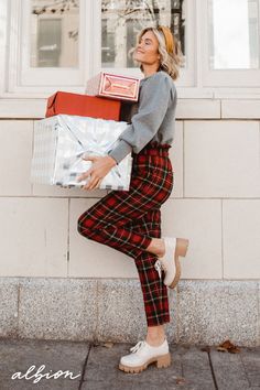 Let the festivities begin! This new spin on our classic Bow Belt pants will be your holiday uniform. These neutral plaid slacks for women are the perfect printed pant for the office. Dress them up or keep them casual, the paper bag waist, high rise, and straight leg are ready for anything! These pants are limited edition and won't be around for long. #plaid #slacks #bowbelt #festive #outfit #ootd #inspo #straightleg #highrise #flattering #versatile Albion Fit Outfit, Plaid Slacks Outfit, Christmas Pants Outfit, Womens Christmas Dress, Plaid Slacks, Holiday Pants, Holiday Shoot, Albion Fit Swim, Albion Fit Swimsuit