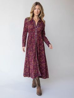 Christa Cotton Midi Dress - Cranberry Brown Floral-view 1