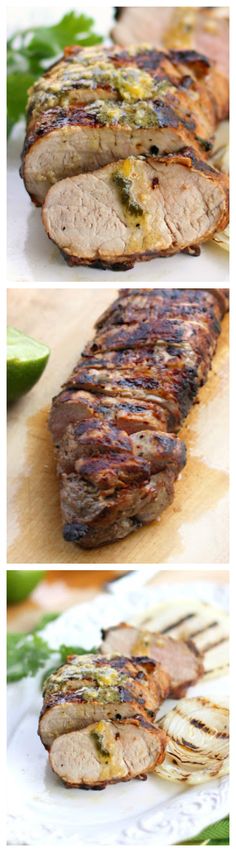 grilled pork chops on a cutting board with avocado