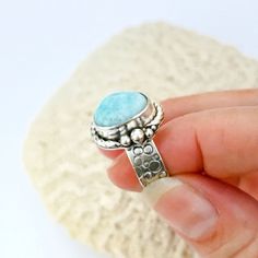 Larimar Ring Sterling Silver Hand Stamped Size 8 Wide Band - MosaicSmith Gift Larimar Jewelry Stamped 925, Silver Larimar Ring Stamped 925, Handmade Ocean-inspired Rings, Handmade Turquoise Larimar Rings, Handmade Silver Larimar Jewelry, Unique Turquoise Larimar Ring, Adjustable Larimar Turquoise Ring, Adjustable Turquoise Larimar Ring, Handmade Blue Turquoise Larimar Ring