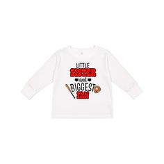 Little Sister and Biggest Fan Baseball Glove and Bat Toddler Long Sleeve T-Shirt. Wear this to the game and cheer on your older sibling. A classic for Fall, Winter and Spring, these long sleeve toddler t-shirts are sure to be a staple in your child's wardrobe. Whether layered or alone, this t-shirt is soft yet durable enough to stand up to your toddler's playtime demands. Toddler Long Sleeve T-Shirt. Size: 3T.  Color: White. Older Sibling, Bat Boys, Kids Clothes Boys, Baseball Glove, Little Brother, Kids Outfits Girls, Boys Long Sleeve, Batgirl, Size 4t