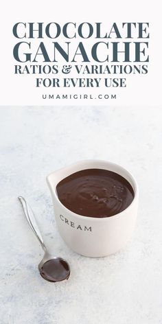 chocolate ganache in a bowl and spoon with text overlay that reads, chocolate ganache ratings & variations for every use