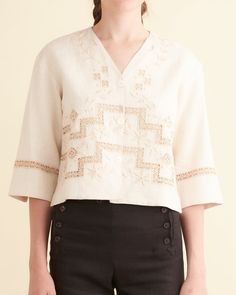 Step Cutwork Overshirt – BODE Elegant V-neck Top With Chikankari Embroidery, Elegant Long Sleeve Cutwork Top, Traditional Linen Tops With Chikankari Embroidery, Elegant V-neck Top With Resham Embroidery, Spring Linen Top With Chikankari Embroidery, Elegant V-neck Tops With Chikankari Embroidery, Beige Linen Tops With Floral Embroidery, Elegant V-neck Top With Intricate Embroidery, Elegant Linen Tops With Floral Embroidery