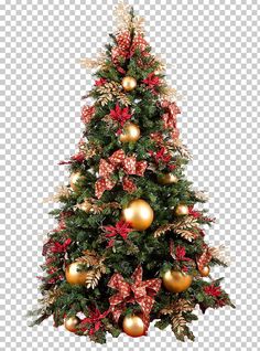 a christmas tree decorated with gold and red ornaments, transparent background png clipart