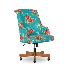 a blue floral office chair with wheels on an isolated white background for use as a desk or computer chair