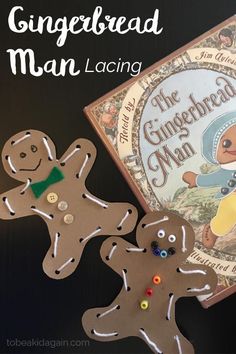 gingerbread man and gingerbread man book are on the table next to each other