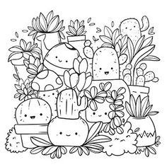 a black and white line drawing of cactuses in pots with plants around the edges