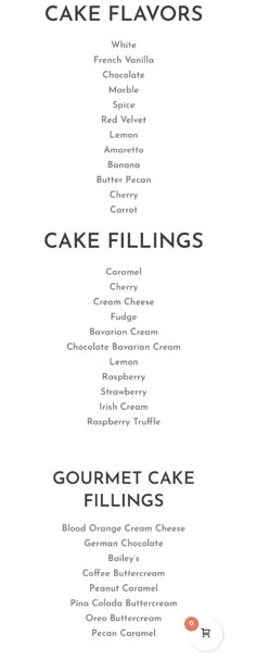 the menu for cake fillings is shown