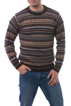 Striped Wool Sweater With Long Sleeves, Winter Jacquard Knit Striped Sweater, Winter Striped Jacquard Knit Sweater, Striped Jacquard Knit Sweater For Winter, Winter Brown Alpaca Sweater, Brown Alpaca Long Sleeve Sweater, Brown Long Sleeve Alpaca Sweater, Brown Alpaca Crew Neck Sweater, Casual Brown Alpaca Sweater