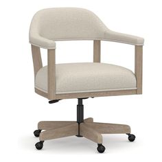 an office chair with wheels and a white upholstered fabric seat, viewed from the front