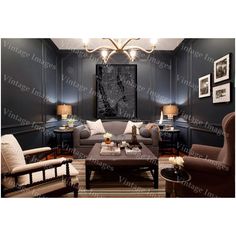 a living room with couches, chairs and pictures on the wall in it's corner