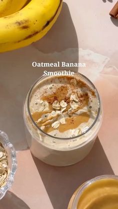 an image of oatmeal banana smoothie with peanut butter and cinnamon on the side