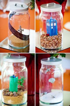 four different images of glass jars with plants and rocks in them, each containing a phone booth