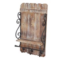 an old wooden bench with wrought iron brackets on the back and sides, against a white background