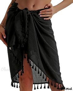 OliviaMark - Elegant Half-Sheer Swimwear Cover-Up with Tassels - One-Piece Apron Skirt Sarong Skirt Outfit, Swimsuit Wrap Skirt, Black Wrap Skirt, Swimsuit Wrap, Coverup Swimsuit, Sarong Skirt, Beach Sarong, Coverup Skirt, Skirt Short