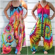 "💥One Size Fits Most Comfortable Tie Dye Hippie Jumpsuits Rompers Pants, Hippie Dress, Wide Legs Jumpsuits, Festival Clothings, Summer Clothing, Harem Dress, Beach Wear 👉One-of-a-kind hand dyed rompers 👉Fabric: 100% Soft and Breathable Rayon 👉Adjustable Tie shoulders 👉Boho/Hippie /Festival/Beach/Tropical/Fancy/UniqueTheme 👉Jumpsuit Length: 48\" 👉Straps Length: 19\" 👉Bust up to 55\" 👉Hip up to 60\" 👉 Tie Dye Method 👉The back is identical to front pattern 👉Flowy open legs 👉One Size Fi Hippie Overalls, Harem Dress, Tie Dye Hippie, Harem Jumpsuits, Hippie Dress, Tie Dye Outfits, Beach Tropical, Festival Clothing, Hippie Festival