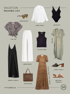 Week In Mexico Outfits, Spring Beach Vacation Outfits, One Week Vacation Outfits, Carribean Capsule Wardrobe, Resort Wear Capsule Wardrobe, Vacation Capsule Wardrobe Beach, Outfit For Summer For Women, Summer Europe Packing List, Outfit Ideas Hawaii