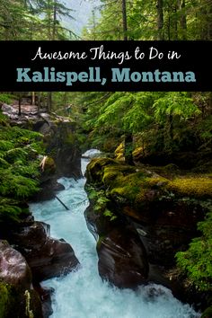 a river flowing through a lush green forest with text overlay that reads awesome things to do in kalispell, montana