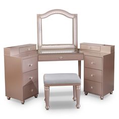 Traditional elegance blends with contemporary amenities come together in this transitional vanity set featuring table, mirror, and seat. Fashioned in a delightful rose gold, it features a majestic camelback mirror with LED lighting, a tabletop with 8mm tempered glass, and nine storage drawers angled inward. The two-tone padded stool completes this sensational set that's perfect for any bedroom or guest room. Furniture of America 74.38-in Tiffany Blush Makeup Vanity in Pink | IDF-DK5686PK Wooden Bedroom Set, Padded Stool, Vanity Benches, Transitional Vanity, Wooden Bedroom, Wooden Vanity, Bedroom Vanity, Vanity Stool, Acme Furniture