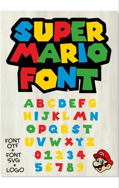 a poster with the words super mario font in different colors and styles, including letters