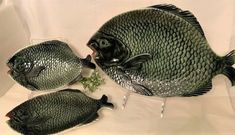 three fish are sitting next to each other on a white tableclothed surface, one is green and the other is black