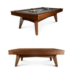 the pool table is made from wood and has two different angles to fit in it