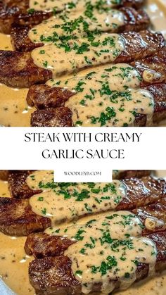 steak with creamy garlic sauce on a plate